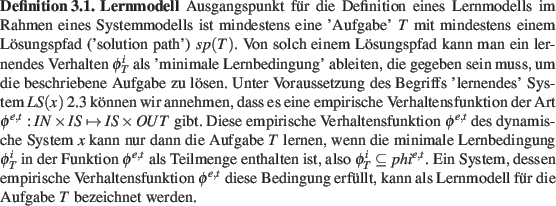 \begin{definition}
% latex2html id marker 1488\textbf{Lernmodell}
Ausgangspunk...
...lt, kann als Lernmodell fr die Aufgabe $T$ bezeichnet werden.
\end{definition}