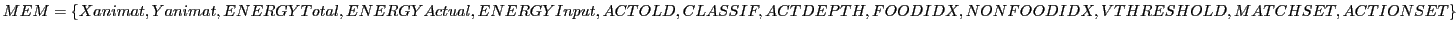 $ MEM = \{Xanimat, Yanimat, ENERGYTotal, ENERGYActual, \\
ENERGYInput, ACTOLD, CLASSIF, ACTDEPTH, FOODIDX, \\
NONFOODIDX, VTHRESHOLD, MATCHSET, ACTIONSET\}$