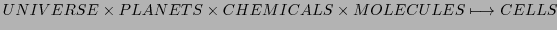 $\displaystyle UNIVERSE \times PLANETS \times CHEMICALS \times MOLECULES \longmapsto CELLS$