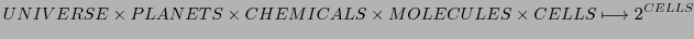 $\displaystyle UNIVERSE \times PLANETS \times CHEMICALS \times MOLECULES \times CELLS \longmapsto 2^{CELLS}$