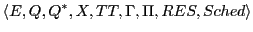 $\displaystyle \langle E, Q, Q^{*}, X, TT, \Gamma, \Pi, RES, Sched \rangle$