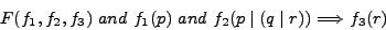 \begin{displaymath}
F(f_{1}, f_{2}, f_{3}) and f_{1}(p) and f_{2}(p\mid (q\mid r)) \Longrightarrow f_{3}(r)
\end{displaymath}